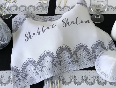 Shabbat Shalom Challah Cover, Grey Lace