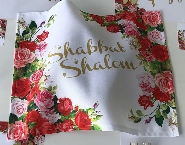 Shabbat Shalom Challah Cover, Red Flowers