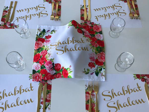 Shabbat Shalom Challah Cover, Red Flowers