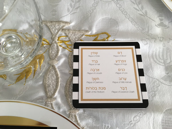 Passover coasters, Pesach, 10 plagues, gold, black and white