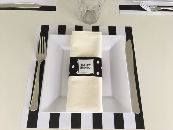 Shavuot Placemats + Napkin rings - Black and White Bars