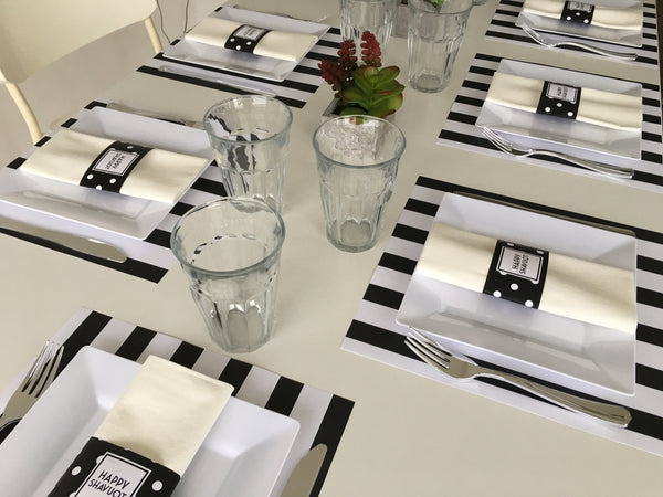 Shavuot Placemats + Napkin rings - Black and White Bars