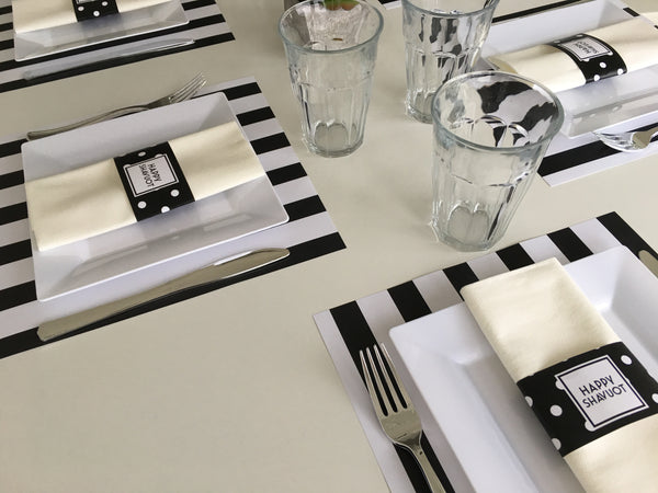 Shavuot Placemats + Napkin rings - Black and White Bars