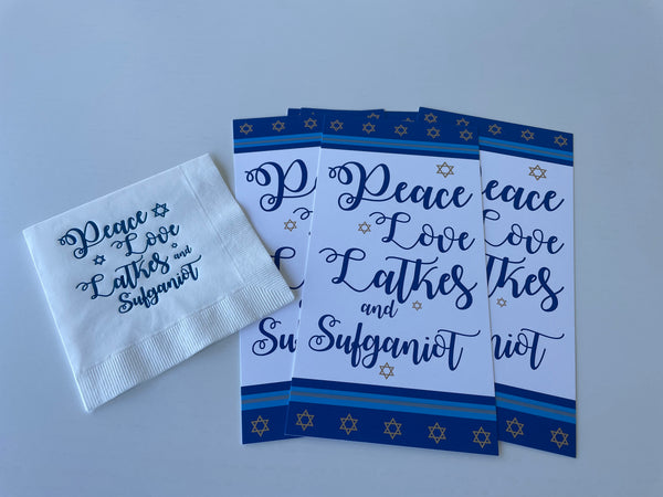 Hanukkah Set Napkins with Welcome cards Peace Love Latkes and Sufganiot