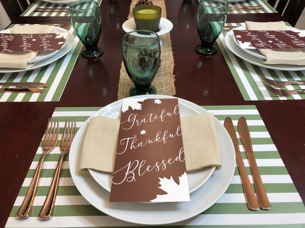 Pack Thanksgiving Placemats plus Blessing cards - Green Stripes 2