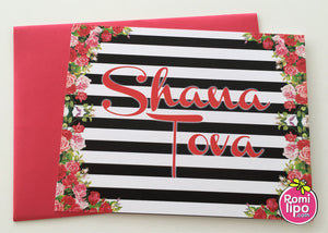 Rosh Hashanah set of 10 note cards with envelopes, Shana Tova note cards, floral with black lines II