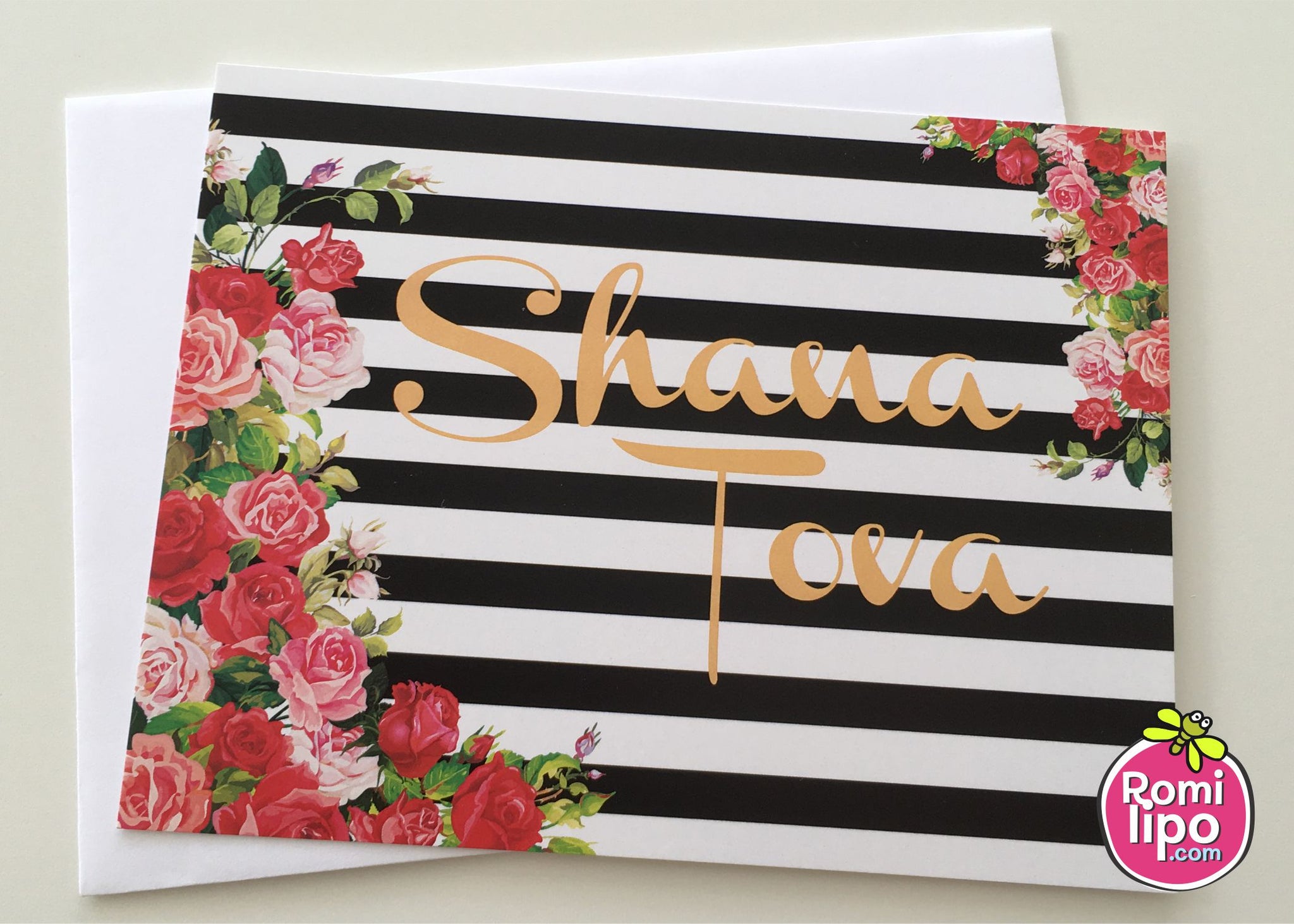 Rosh Hashanah set of 10 note cards with envelopes, Shana Tova note cards, floral with black lines I