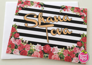 Rosh Hashanah set of 10 note cards with envelopes, Shana Tova cards, floral with black II