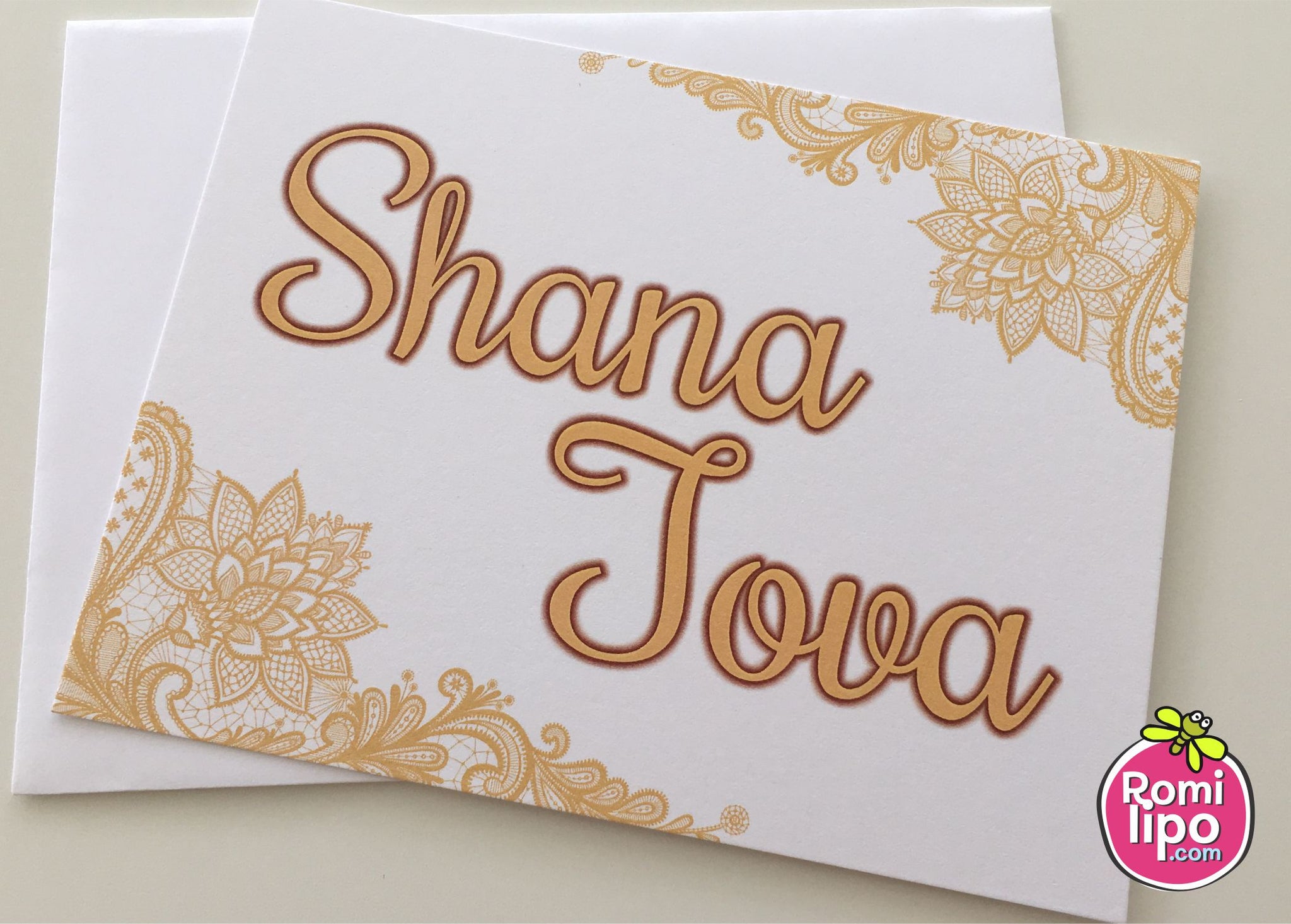 Rosh Hashanah set of 10 note cards with envelopes, Shana Tova note cards, Gold