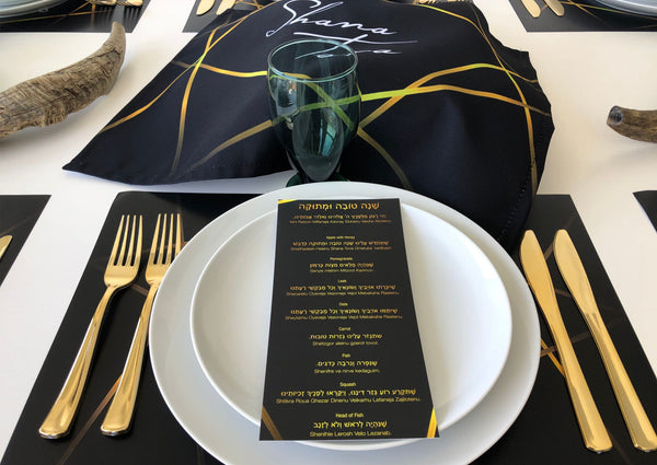 Full Set Rosh Hashanah blessing cards , Challah Cover and Placemats black and gold