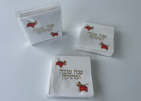Rosh Hashanah Pomegranate White with Gold Foil Napkins - Shana Tova U Metuka