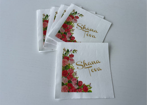 Rosh Hashanah Corner Floral White Napkins - Shana Tova