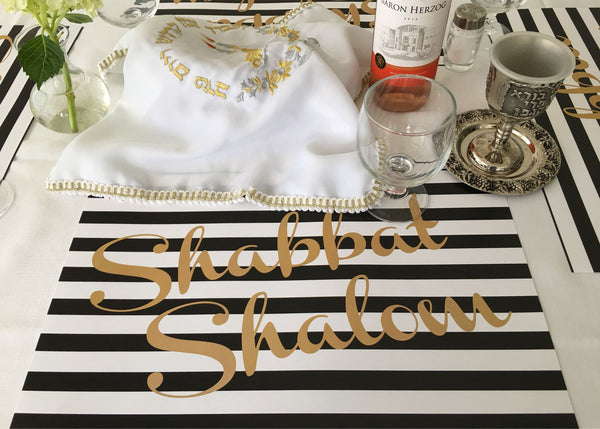 Set of 12 11 x 17  Shabbat Shalom paper placemats Black and white with Gold
