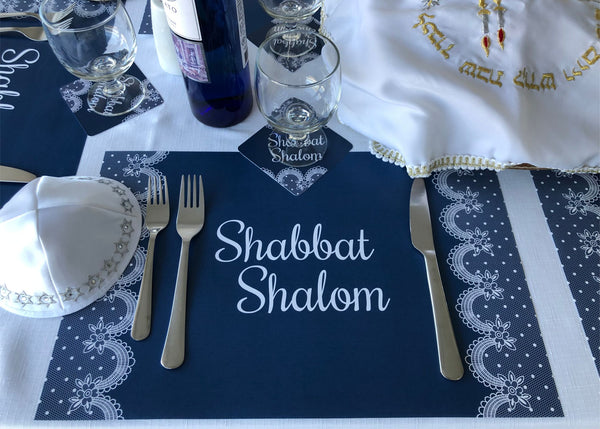 Shabbat Shalom SET of  Placemats + Coasters  Blue Lace