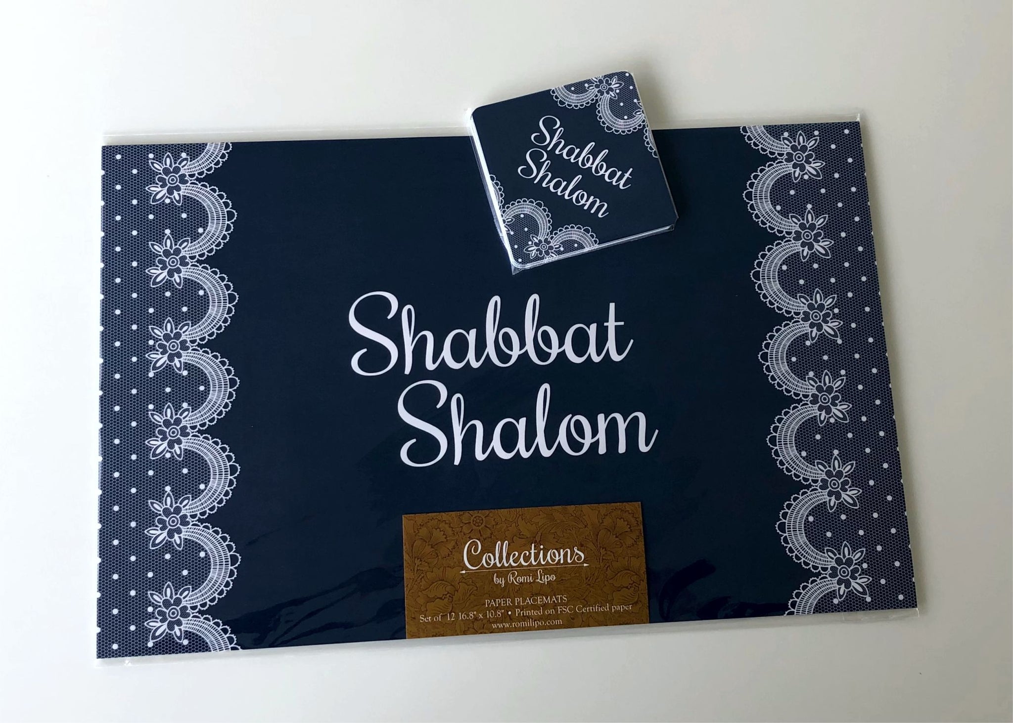 Shabbat Shalom SET of  Placemats + Coasters  Blue Lace