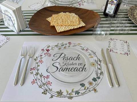 Passover 4 x SET Flowers - 12 Placemats Flowers + 20 Napkins + 12 coasters plagues + 12 Green Stripes Placemats