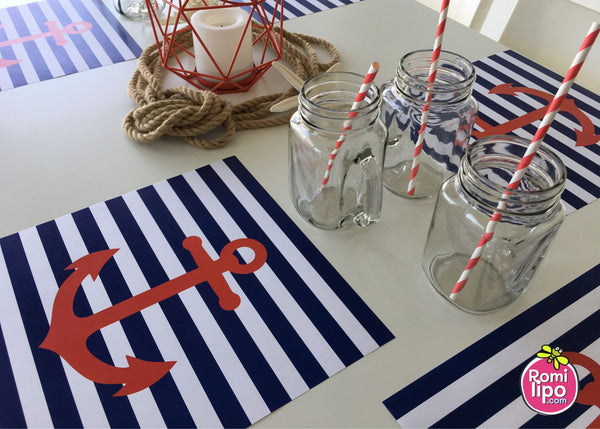 Placemats, Set of 12 Square 11 x 11  Nautical, red anchor