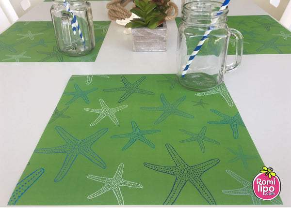 Placemats, Set of  12 Square 11 x 11 nautical, Green Starfish