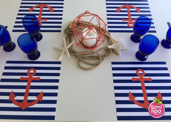 Placemats, Set of 12 Square 11 x 11  Nautical, red anchor