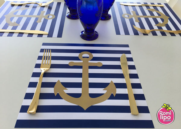 Placemats, Set of 12 Square 11 x 11  Nautical, blue and gold anchor