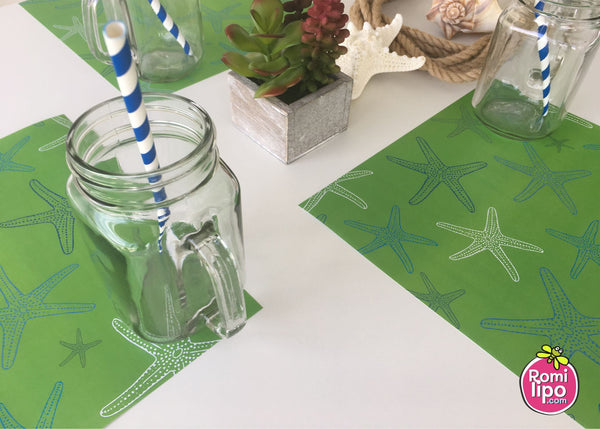 Placemats, Set of  12 Square 11 x 11 nautical, Green Starfish