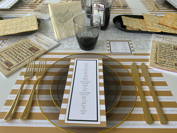 Passover 4 x SET Gold - 12 Placemats + 20 Napkins + 12 seder cards + 12 coasters plagues